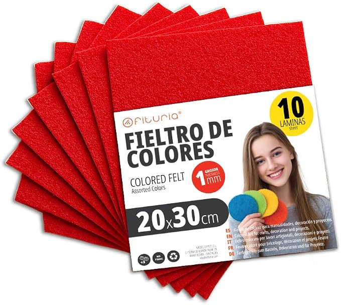 OFITURIA Felt for DIY Crafts, Soft and Flexible Coloured Fabric Sheets for Sewing, Patchwork, School Projects, Textile Art and Decoration, 20 x 30 cm (Red, 10 pcs) by OFITURIA