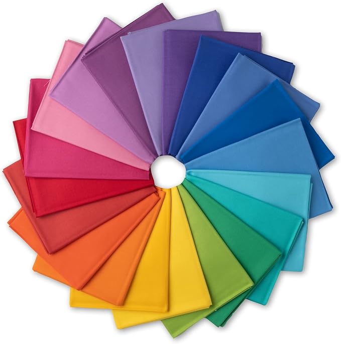 100% Cotton Fat Quarters Fabric Bundles for Sewing | 20 pieces of 18x22 inch rainbow precut cotton fat quarters in the Color Wheel Solids collection by ConnectingThreads