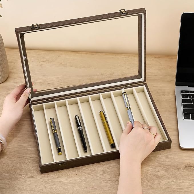 PH PandaHall 10 Slot Fountain Pen Display Box, 13.8″x9.5″x2″ Lockable Pen Storage Box Imitation Leather Pens Display Cases with Window Lid for Office Desk Pencil Holders, Coffee - Image 3