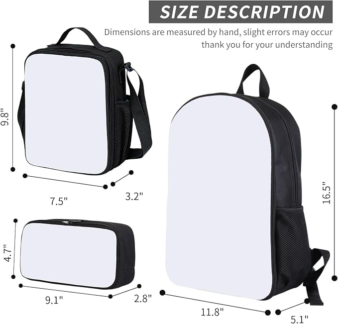2Sets 16inch Sublimation Blank Backpack Lunch Bag Pencil Case Set for Children DIY Bookbag Cooler Bag Pencil Bag(black) - Image 4