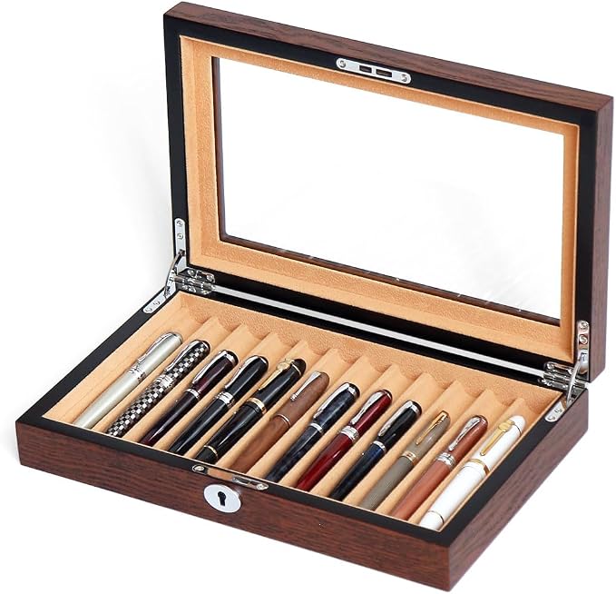 12-Slot Fountain Pen Collector Case – Lockable Wooden Organizer with Glass Display Top, Premium Storage Box for Writing Instruments and Gift for Men by Besforu