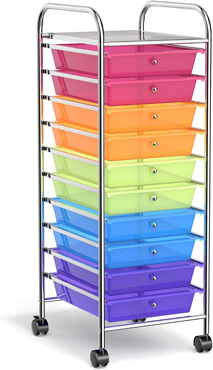 DREAMADE Rolling Cart with Storage Drawers, Utility Cart with Removable Plastic Drawers, Lockable Wheels, Art Cart for Classroom Organization Art Supplies Office Scrapbook (10 Drawers, Rainbow) - Image 9