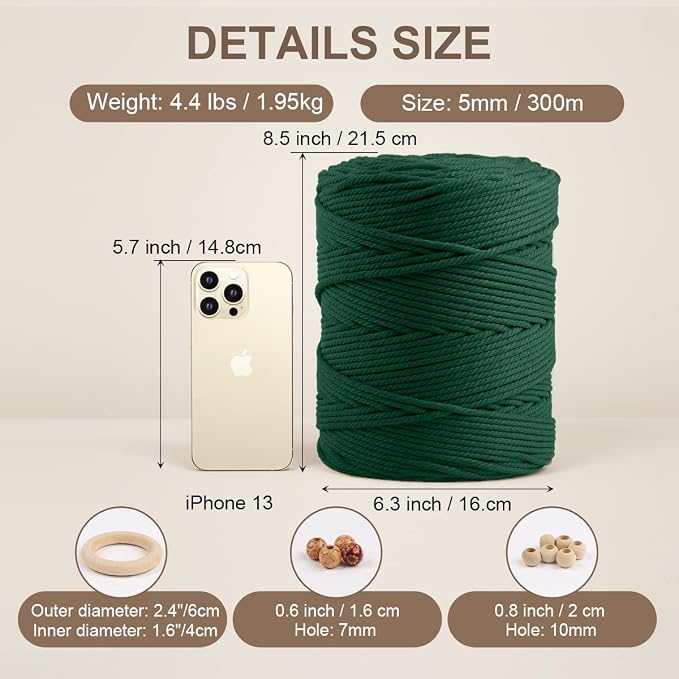 ZUEXT Macrame Cord, Blackish Green, 5mm x 328yds Cotton String Macrame Yarn | Natural Handmade, 4 Strands Twisted Cotton Rope, for Craft Wall Hanging Weaving Tapestry Dream Catchers Hanger DIY Gift, 300m - Image 2
