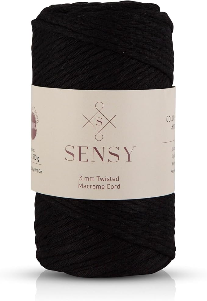 S Sensy 3mm Twisted - Vegan Recycled Cotton Macrame Cord, Black, 109 Yards by SSENSY