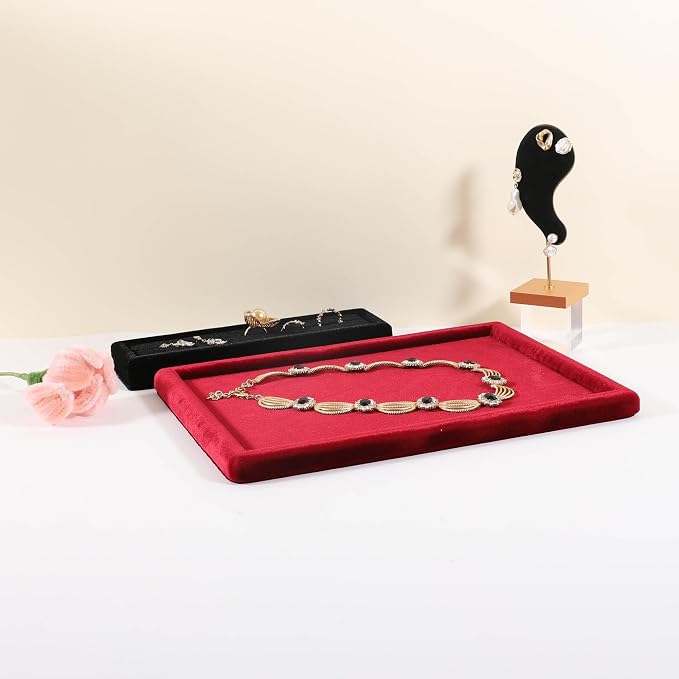 Rectangle Jewelry storage organizer plate, Velvet Jewerly display tray, Empty showcase tray for Necklace Bracelet Ring Earring【Red-Medium, 11.8 x 8.7 in 】 - Image 4