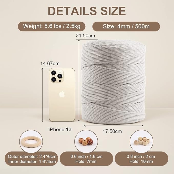 ZUEXT Macrame Cord, Beige White, 4mm x 547yds Cotton String Macrame Yarn | Natural Handmade, 4 Strands Twisted Cotton Rope, for Craft Wall Hanging Weaving Tapestry Dream Catchers Hanger DIY Gift, 500m - Image 2