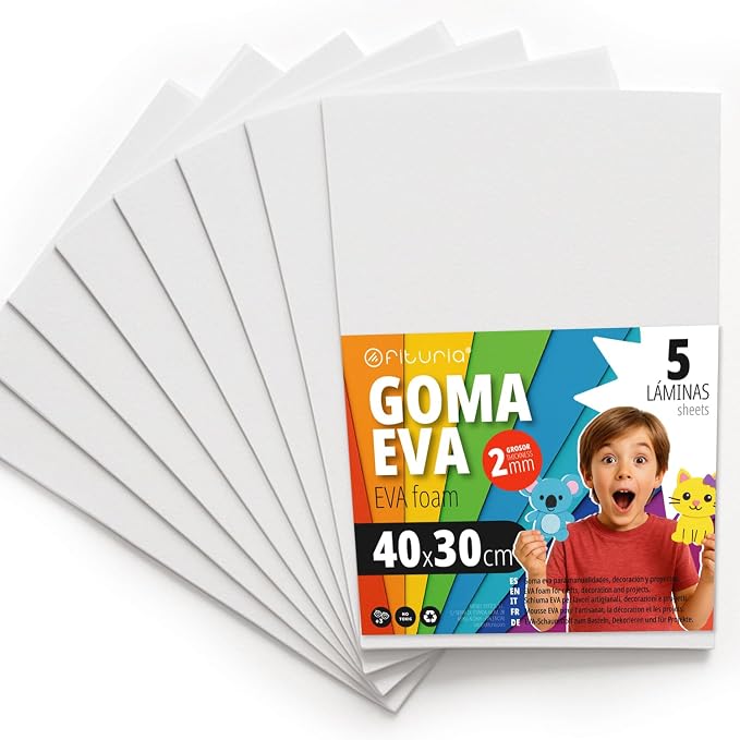 OFITURIA Foam Rubber for Crafts and School Projects, Coloured Foam Ideal for DIY, Decoration, Scrapbooking and Creative Projects, 40 x 30 cm (White, Pack of 5) by OFITURIA