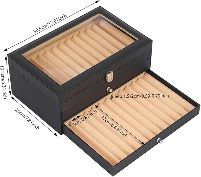 36 Pieces PU Leather Pen Box, 3 Levels with Drawers Fountain Pen Display Case Storage Organizer Box with Glass Window Gift for Friend (Black) - Image 3