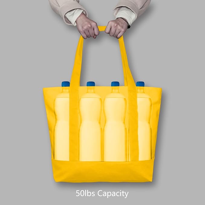 TOPDesign 1-Pack Canvas Tote Bags with an External Pocket, Reusable Grocery Shopping Bags, Top Zipper Closure, Daily Essentials (Yellow) - Image 6