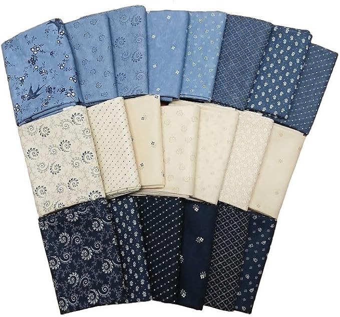10 Fat Quarters - Bluebird's Nest by Kansas Troubles Quilters by Moda Fat Quarter Bundle Florals Vines Blues Navy Creams Quality Quilters Assorted Cotton Fabrics (M223.21) by Unknown