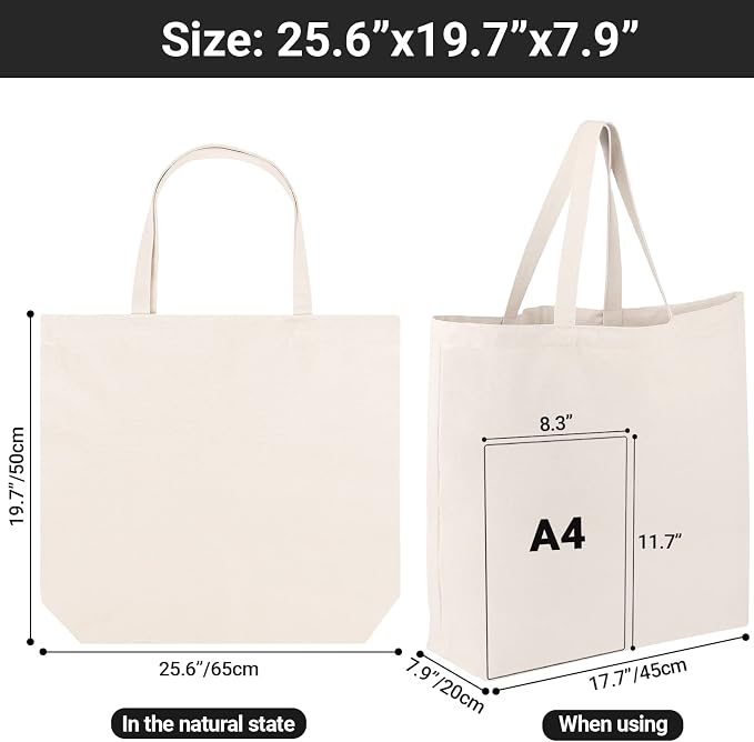 Segarty Large Canvas Tote Bag, 2 Pack 25.6x19.6 Grocery Shopping Bags for Women, Reusable Natural Cotton Blank Canvas Shoulder Totes Aesthetic Bulk for DIY, Gift, Beach, Travel(14oz) - Image 3