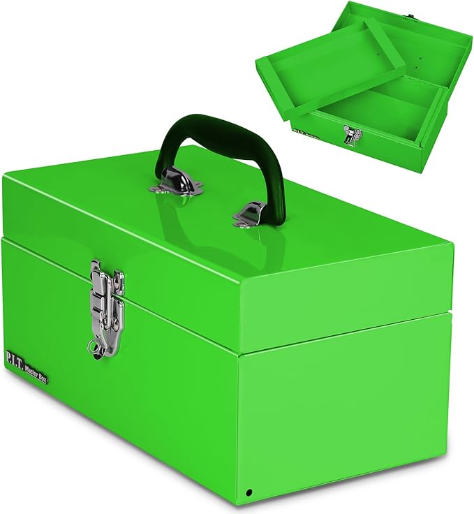 P.I.T. Metal Tool Box 12 Inch,Portable Small Toolbox with Latch,Green | Removable Metal Tray,Thickened Steel with Powder Coat Finish,Easy to Carry with a Comfortable Handle by PIT