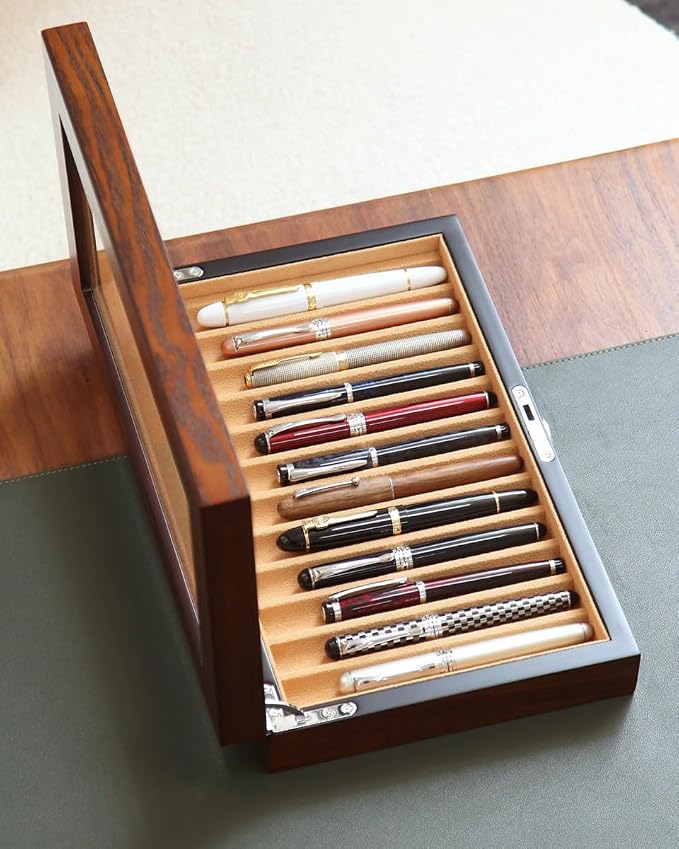 Fountain Pen Display Case with 12 Pens, Wood Pen Display Box, Lockable Pen Storage Box with Glass Top, Pen Box Organizer, Pen Collection Display Case (Brown with Camel Velvet) - Image 7
