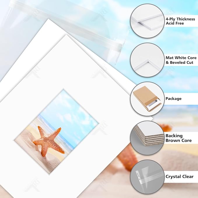 Golden State Art 5 Pack White Mat 11x14 for 5x7 Photo Matte+Backings+Bags | Acid-Free,4-Ply Thick,Pre-Cut Kit Mattes,White Core,Bevel Cut,For Photos, Pictures,Artwork, Poster or Print Display - Image 3