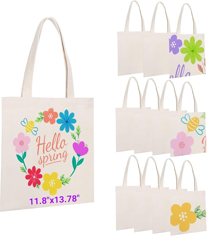 Segarty Small Blank Tote Bags, 12 Pack 11.8x13.78 Canvas Tote Bag for Women, Reusable Plaid Tote Bag Bulk with Natural Cotton for DIY, Birthday Parties, Bridal Gifts, Goodie, Christmas Celebrations by Segarty