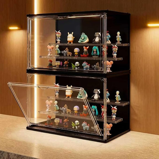 Clear Display Case for Collectibles, 3-Tier Stackable LED Figure Display Case with Magnetic Door, Adjustable Showcase for Models, Miniatures, Jewly (Black,2PCS)