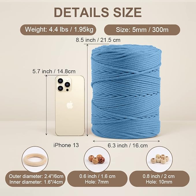 ZUEXT Macrame Cord, Light Blue, 5mm x 328yds Cotton String Macrame Yarn | Natural Handmade, 4 Strands Twisted Cotton Rope, for Craft Wall Hanging Weaving Tapestry Dream Catchers Hanger DIY Gift, 300m - Image 2