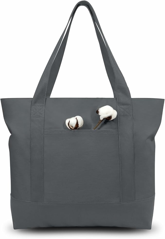 TOPDesign 3-Pack Canvas Tote Bags with an External Pocket, Reusable Grocery Shopping Bags, Top Zipper Closure, Daily Essentials (Grey) by TOPDesign