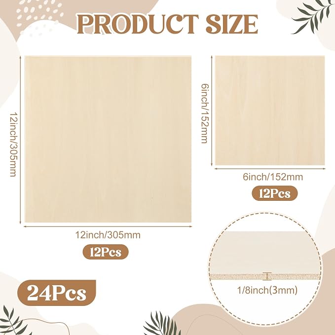 SiliFine 6x6+12x12 Inch 24 Pack Basswood Sheets for Crafts, Mixed Sizes 1/16“or 1/8" 3mm Plywood Boards, Unfinished Wood Sheets for Laser Cutting Burning Paint DIY Project Model (Square) - Image 2