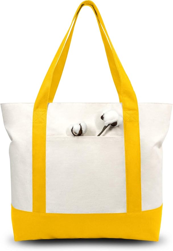 TOPDesign 3-Pack Canvas Tote Bags with an External Pocket, Reusable Grocery Shopping Bags, Top Zipper Closure, Daily Essentials (Yellow/Natural) by TOPDesign