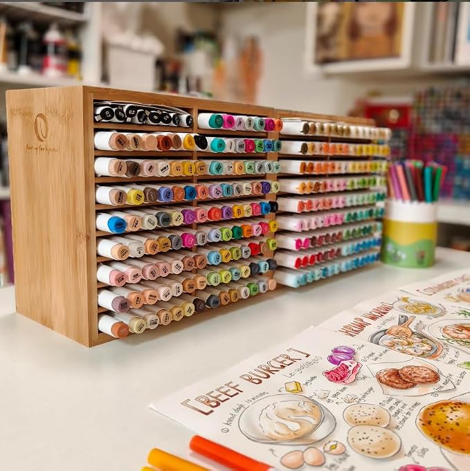 Ohuhu Bamboo Marker Organizer, Wooden Desktop Storage Holds 126 Markers | Markers Pens Pencils Art Brushes Stationary Organizer Pencil Holder with 18 Compartments for Classroom Office Decor Home - Image 6