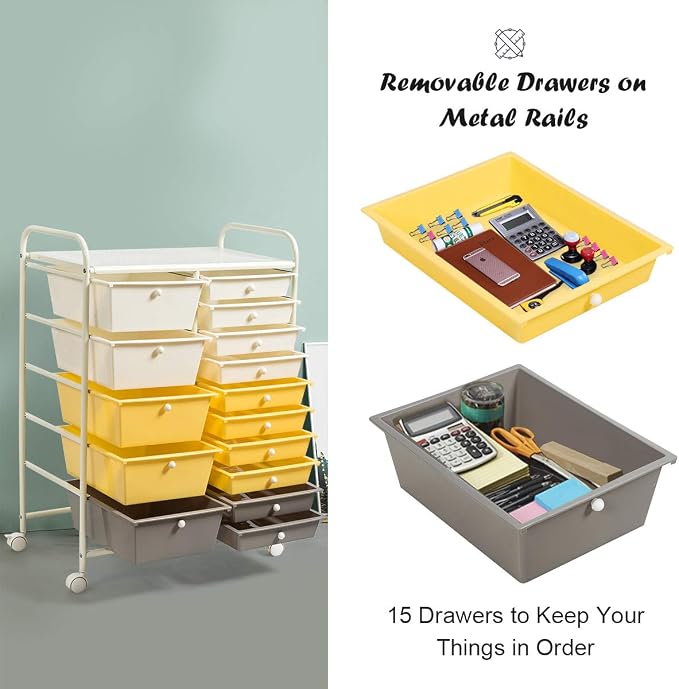 RELAX4LIFE 15 Drawer Rolling Storage Cart, Mobile Drawer Carts for Craft Art Supply Paper Salon, Utility Cart on Wheels for Classroom Teacher School Office, Rolling Cart with Drawers (Yellow) - Image 6