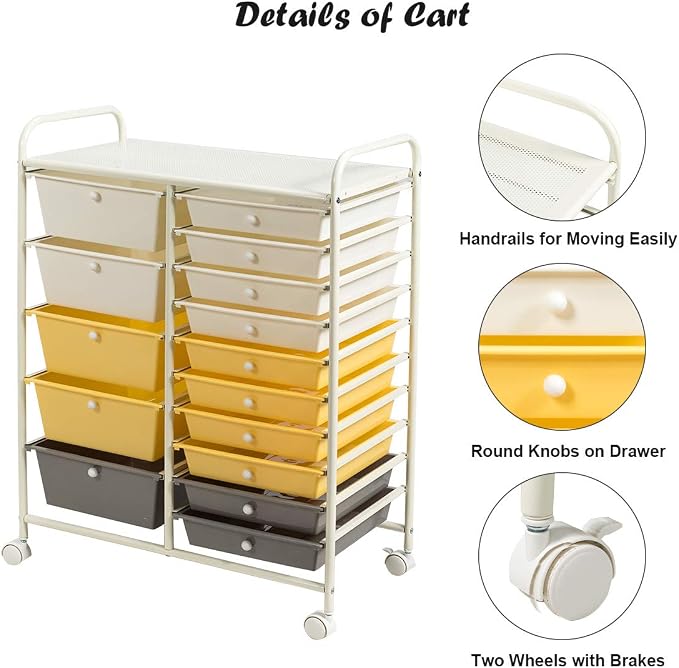 RELAX4LIFE 15 Drawer Rolling Storage Cart, Mobile Drawer Carts for Craft Art Supply Paper Salon, Utility Cart on Wheels for Classroom Teacher School Office, Rolling Cart with Drawers (Yellow) - Image 9