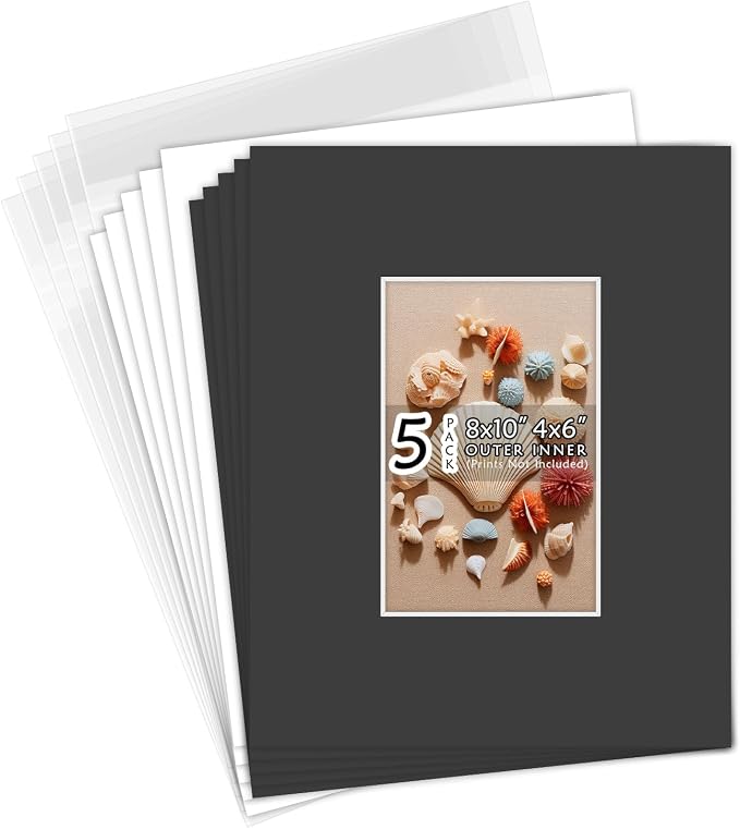 Golden State Art 5 Pack Black Mat 8x10 for 4x6 Photo Matte+Backings+Bags | Acid-Free,4-Ply Thick,Pre-Cut Kit Mattes,White Core,Bevel Cut,For Photos, Pictures,Artwork, Poster or Print Display by GoldenStateArt