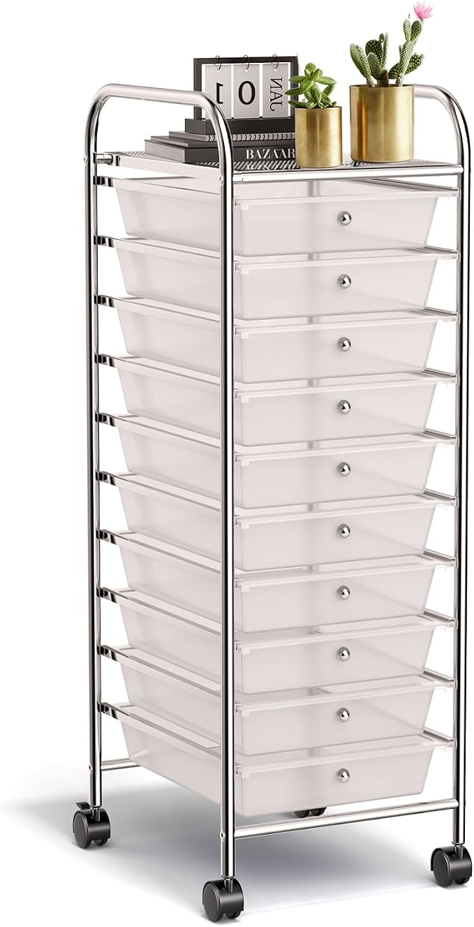 DREAMADE Rolling Cart with 10 Storage Drawers, Utility Cart with Removable Plastic Drawers, Lockable Wheels, Art Cart for Classroom Organization Art Supplies Office Scrapbook Tool Craft (Transparent) by DREAMADE