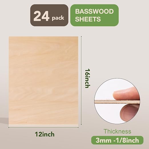 24 Pack Basswood Plywood, 12 x 16 x 1/8 Inch Unfinished Balsa Wood for Laser Cutting and Engraving, Thin Wood Sheets Blanks for DIY Project - Image 2