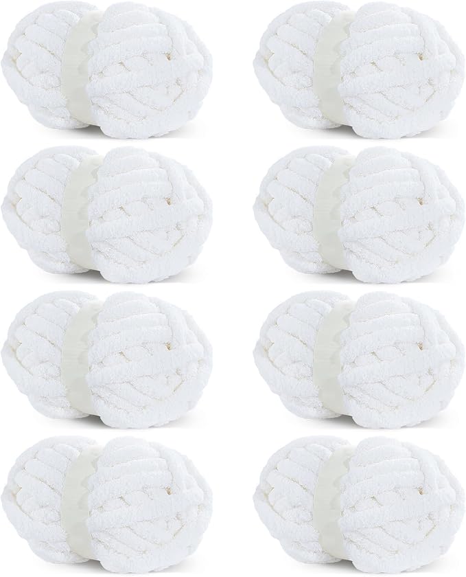 HOMBYS Pure White Chunky Chenille Yarn for Crocheting, Bulky Thick Fluffy Yarn for Knitting,Super Bulky Chunky Yarn for Hand Knitting Blanket, Soft Plush Yarn, 8 Jumbo Pack (27 yds,8 oz Each Skein) by HOMBYS