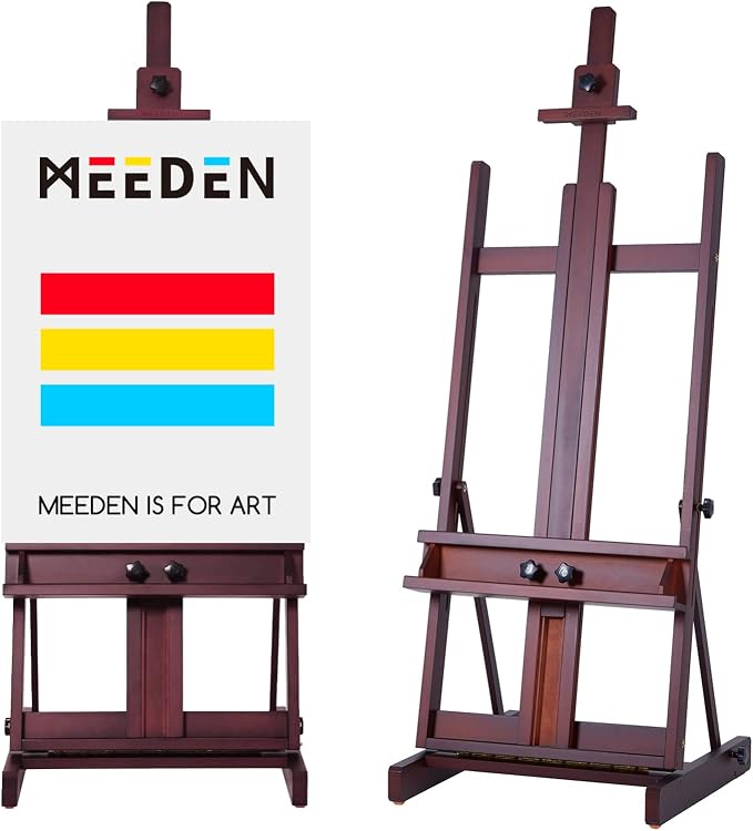 MEEDEN Art Painting Easel, Beech Wood Studio Easel 53" to 91"H, Holds Canvas to 78", Large Professional H-Frame Easel Stand with Storage Tray, Adjustable Floor Easel for Artists & Adults, Deep Walnut by MEEDEN