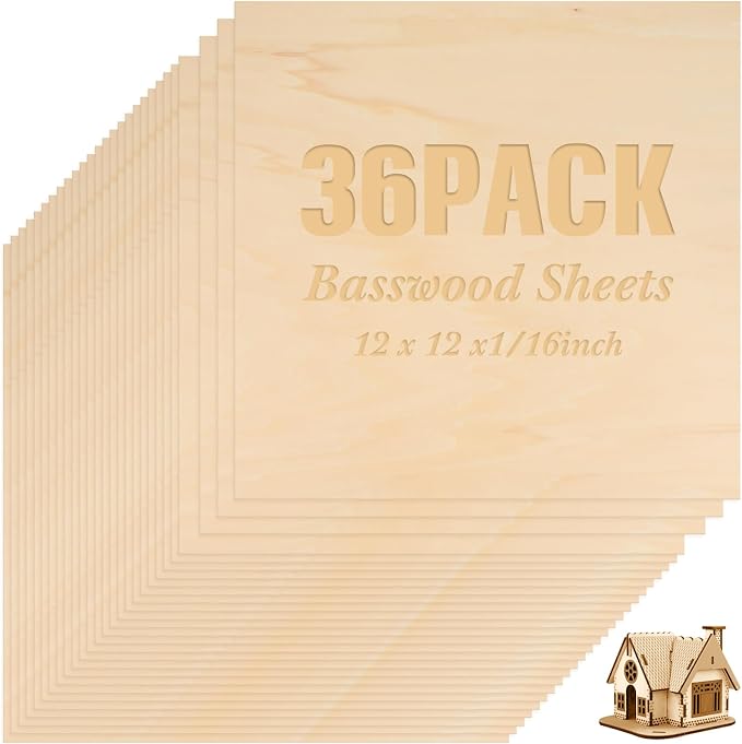 Riakrum Basswood Sheets Plywood Board Unfinished Wood Boards for Crafts for DIY Laser Projects Architectural Mini House Building Hobby Model Making(12 x 12 x 1/16 Inch,36) by Riakrum