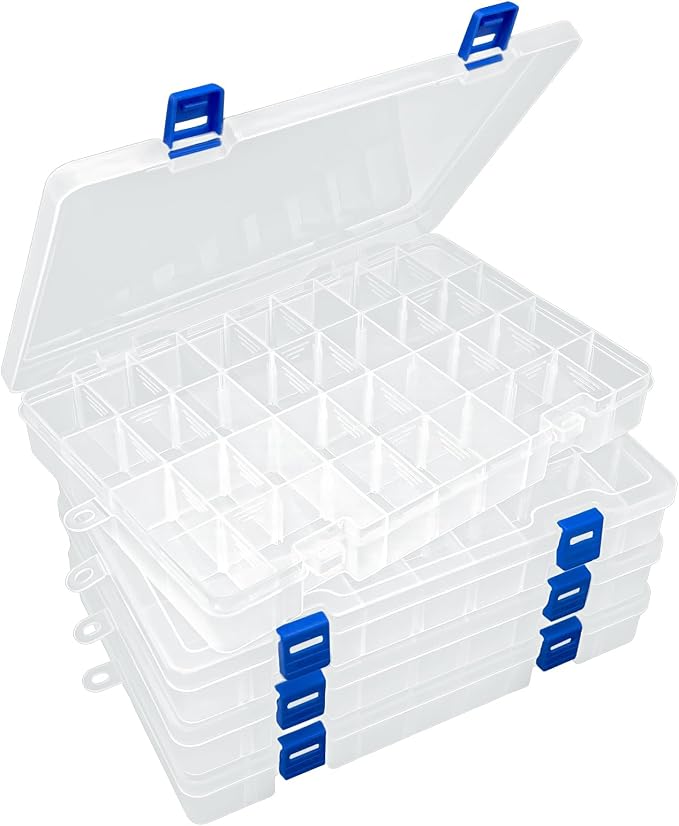Plastic Organizer Storage Box, Adjustable Divider 34 Grids, 4 Pack | Clear Removable Compartment Storage Box for Jewelry, Beads, Earrings, Fishing Hooks, Craft, Screws, Nails, Small Tools by DUOFIRE