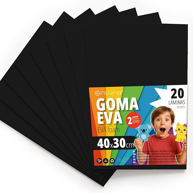 OFITURIA Foam Rubber for Crafts and School Projects, Coloured Foam Ideal for DIY, Decoration, Scrapbooking and Creative Projects, 40 x 30 cm (Black, Pack of 20) by OFITURIA