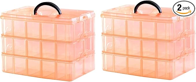 Kamay's 2pcs Extra Large 3 Tier Stackable Adjustable Compartment Slot Bead Craft Jewellery Tool Storage Organiser, with 30 Compartments,Snap-Lock Tray Container Box, Orange by Kamay%27s