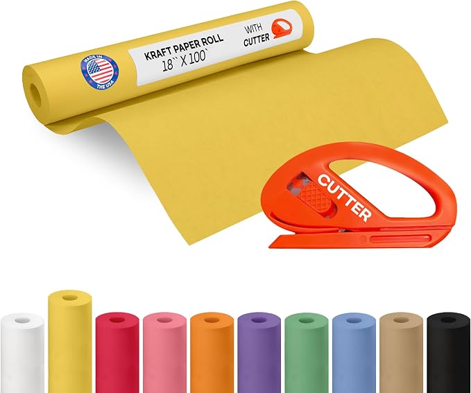 Yellow Kraft Paper Roll 18" x 1200" (100 feet) with Cutter - USA-Made Gift Wrapping Paper for Packing, Moving, Shipping & Crafts/Arts - 100% Recyclable Natural Craft Material by IDL Packaging | Gift Wrapping Paper for Packing, Moving, Shipping & Crafts... by IDLPackaging