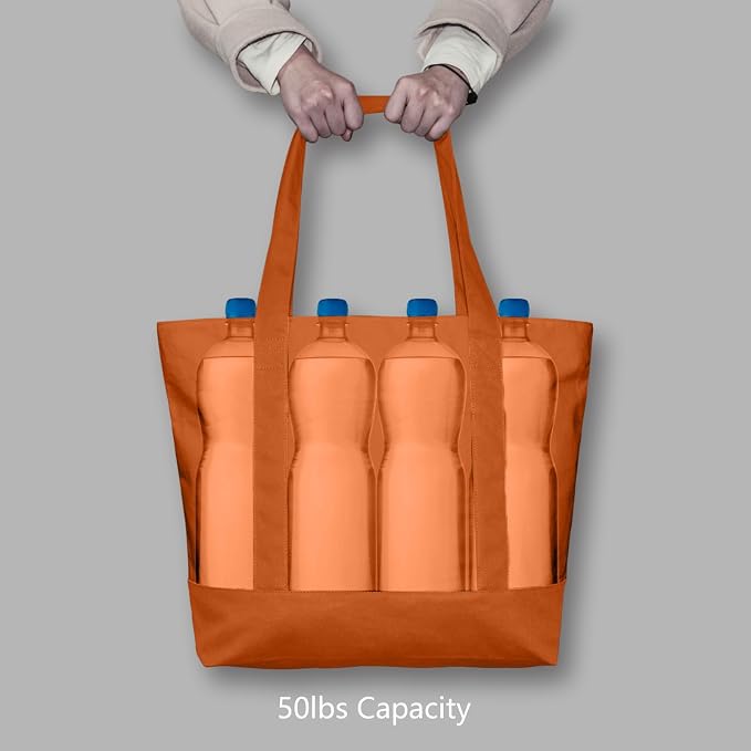 TOPDesign 6-Pack Canvas Tote Bags with an External Pocket, Reusable Grocery Shopping Bags, Top Zipper Closure, Daily Essentials (Orange) - Image 6