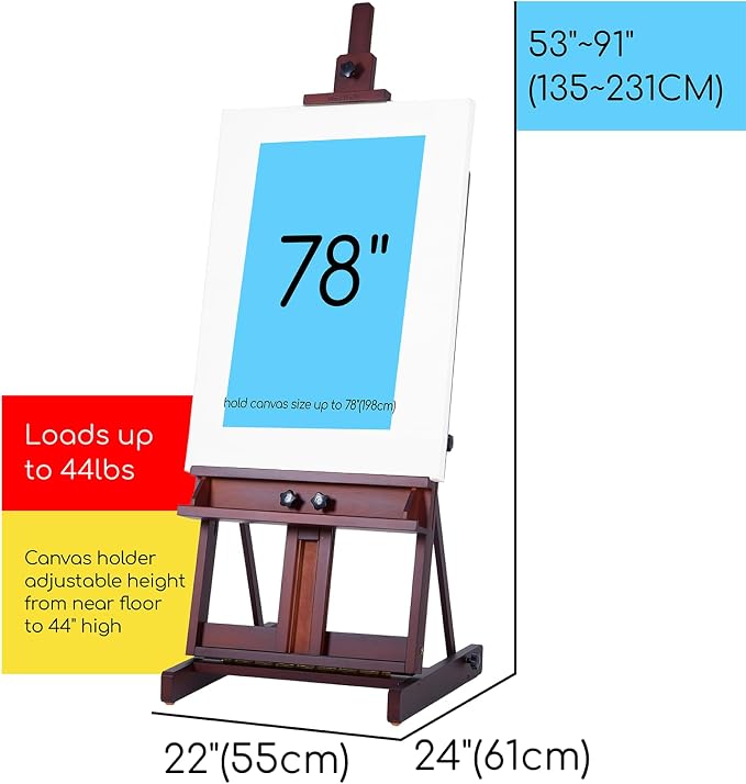 MEEDEN Art Painting Easel, Beech Wood Studio Easel 53" to 91"H, Holds Canvas to 78", Large Professional H-Frame Easel Stand with Storage Tray, Adjustable Floor Easel for Artists & Adults, Deep Walnut - Image 2