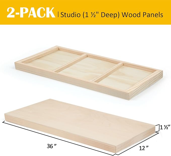 2 Pack 12x36'' Unfinished Birch Wood Panels for Painting | Gallery 1 1/2’’ Deep Wood Canvas, Cradle Boards for Acrylic Pouring, Art, Crafts, Epoxy Resin, Laser Engraving Cutting - Image 2