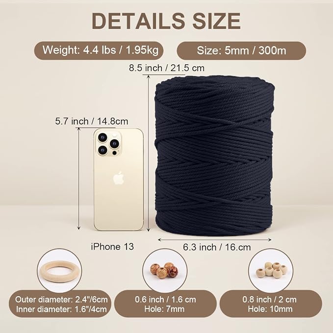 ZUEXT Macrame Cord, Navy, 5mm x 328yds Cotton String Macrame Yarn | Natural Handmade, 4 Strands Twisted Cotton Rope, for Craft Wall Hanging Weaving Tapestry Dream Catchers Hanger DIY Gift, 300m - Image 2