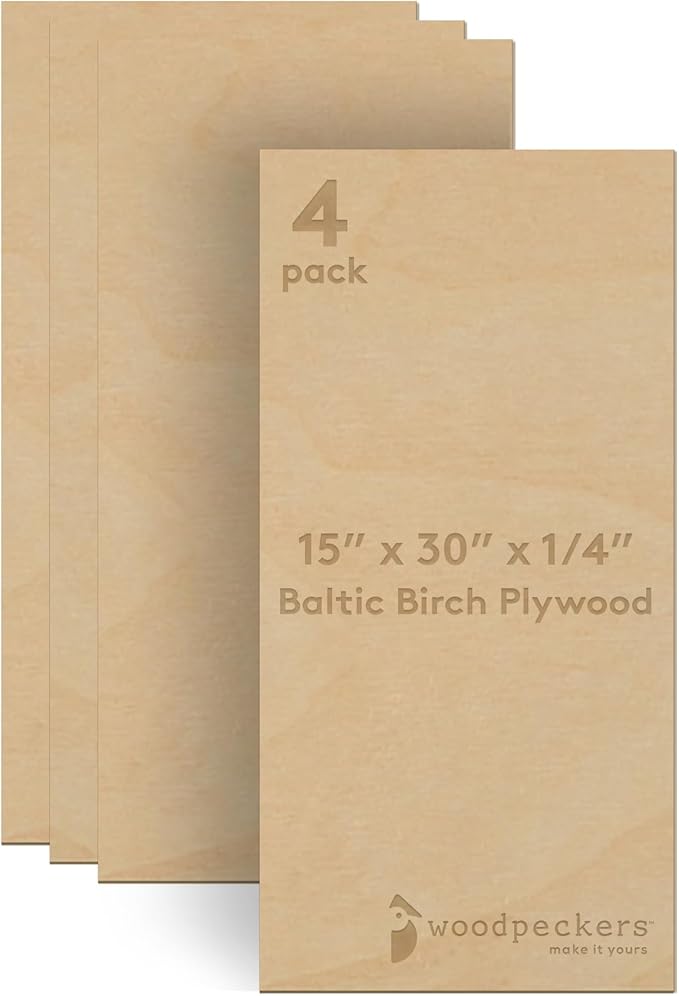 Baltic Birch Plywood 15 x 30 x 1/4 Inch - 6 mm Craft Wood, Pack of 4 B/BB Grade, Stronger Than Basswood Sheets or Balsa Wood, Perfect for Laser, CNC Cutting, Wood Burning, by Woodpeckers by Woodpeckers
