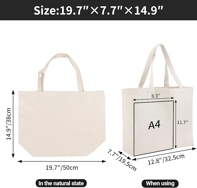 Segarty Canvas Tote Bag for Women, 24 Pack 19.7x14.9in Reusable Blank Canvas Shopping Bag, Natural Cotton Shoulder Tote Aesthetic Bulk for DIY, Gift, Beach, Travel, Grocery - Image 2