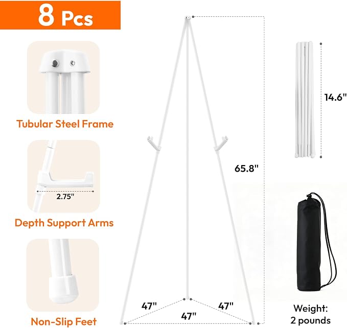 JEAWIWI 8 Pcs Lightweight Easel Stand, 66 Inch, White, with Portable Bags | Adjustable Metal Folding Easel Stand for Wedding Sign, Display Show, Arts, Poster, Party & Home Use - Image 2