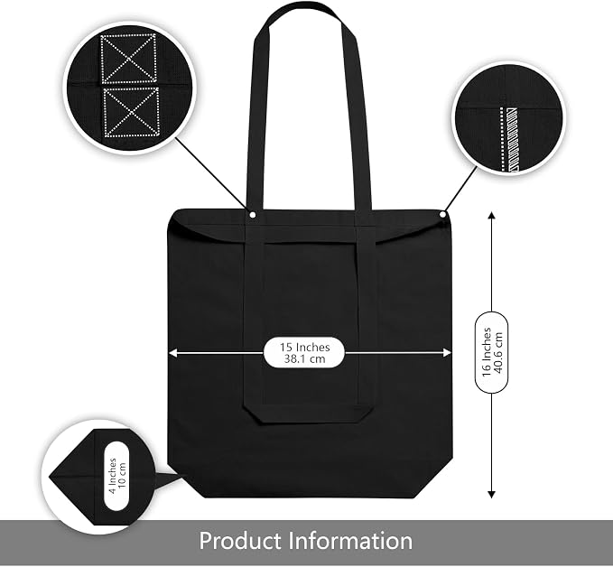 TOPDesign 12-Pack Cotton Tote Bags with 4" Gusset, 15"x16"x4" Economical Lightweight Reusable Grocery Shopping Cloth Bags, Bulk Blank Plain Totes for DIY, Vinyl, Sublimation, Gift (Black) - Image 4