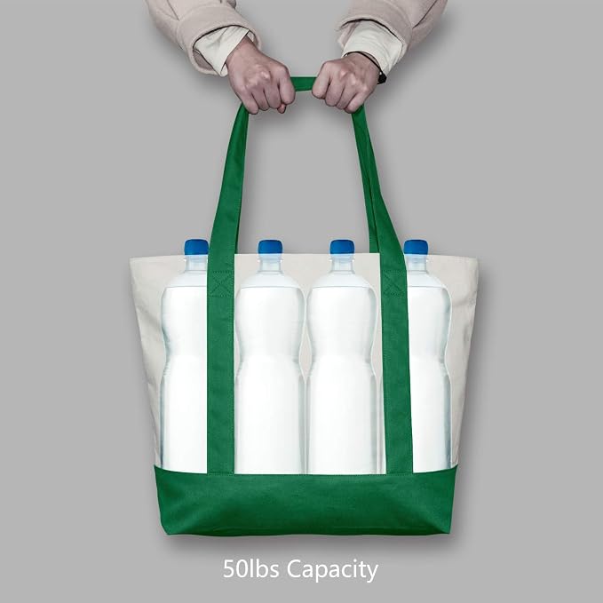 TOPDesign 1-Pack Canvas Tote Bag with an External Pocket, Reusable Grocery Shopping Bag, Top Zipper Closure, Daily Essentials (Green/Natural) - Image 6