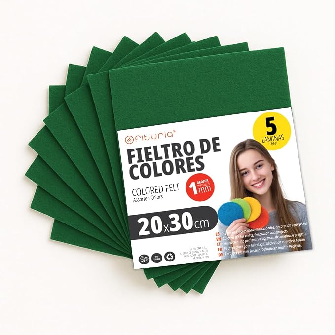 OFITURIA Craft Felt for DIY Projects, Colourful Felt Fabrics for Patchwork, Sewing, School, Art and Decoration 20 x 30 cm (Dark Green, Pack of 5) by OFITURIA
