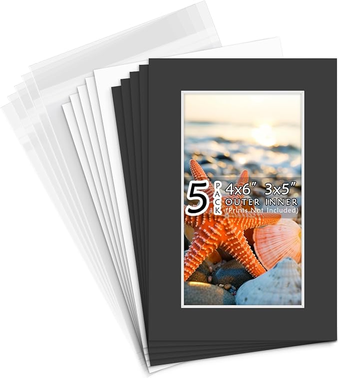 Golden State Art 5 Pack Black Mat 4x6 for 3x5 Photo Matte+Backings+Bags | Acid-Free,4-Ply Thick,Pre-Cut Kit Mattes,White Core,Bevel Cut,For Photos, Pictures,Artwork, Poster or Print Display by GoldenStateArt