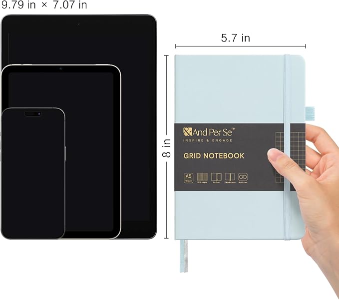 &And Per Se Graph Notebook, 5mm Grid, A5 Hardcover, 160 Pages 100gsm Thick Paper, Grid Journal for Diagrams, Wireframes, CAD Sketches (Cyan) - Image 2