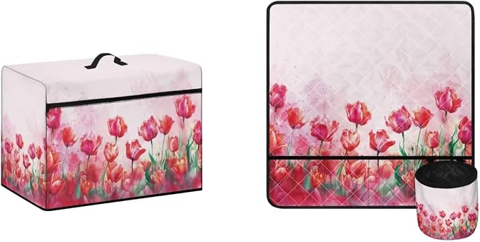 Red Tulips Sewing Machine Mat & Dust Cover, Sewing Machine Muffling Mats with Pockets for Sewing Accessories Reduce Vibration Home Decoration Easy to Clean by Kathyboom